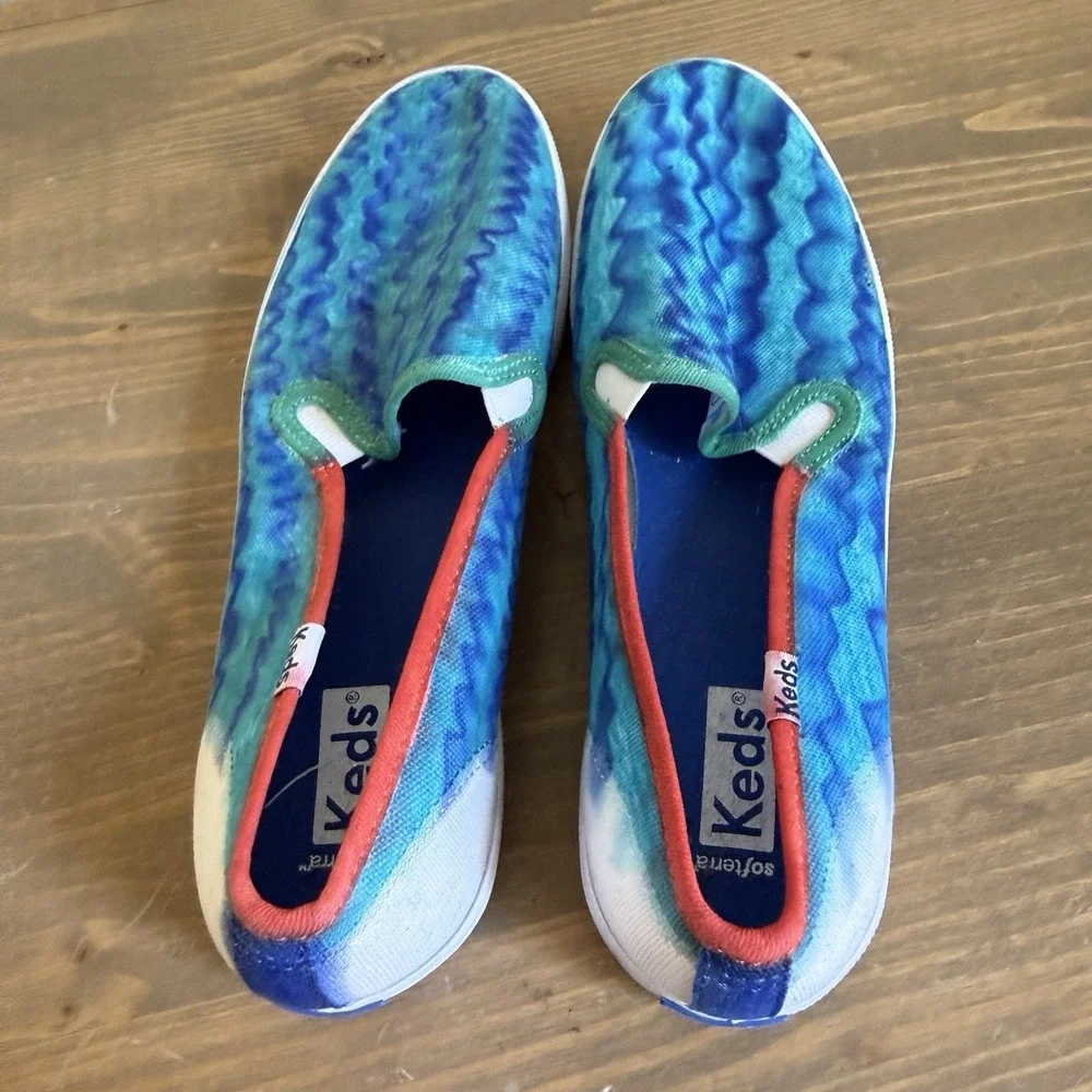 Keds Womens 7.5 Blue Teal Tie Dye Red Trim Slip On Flat Sneakers Shoes